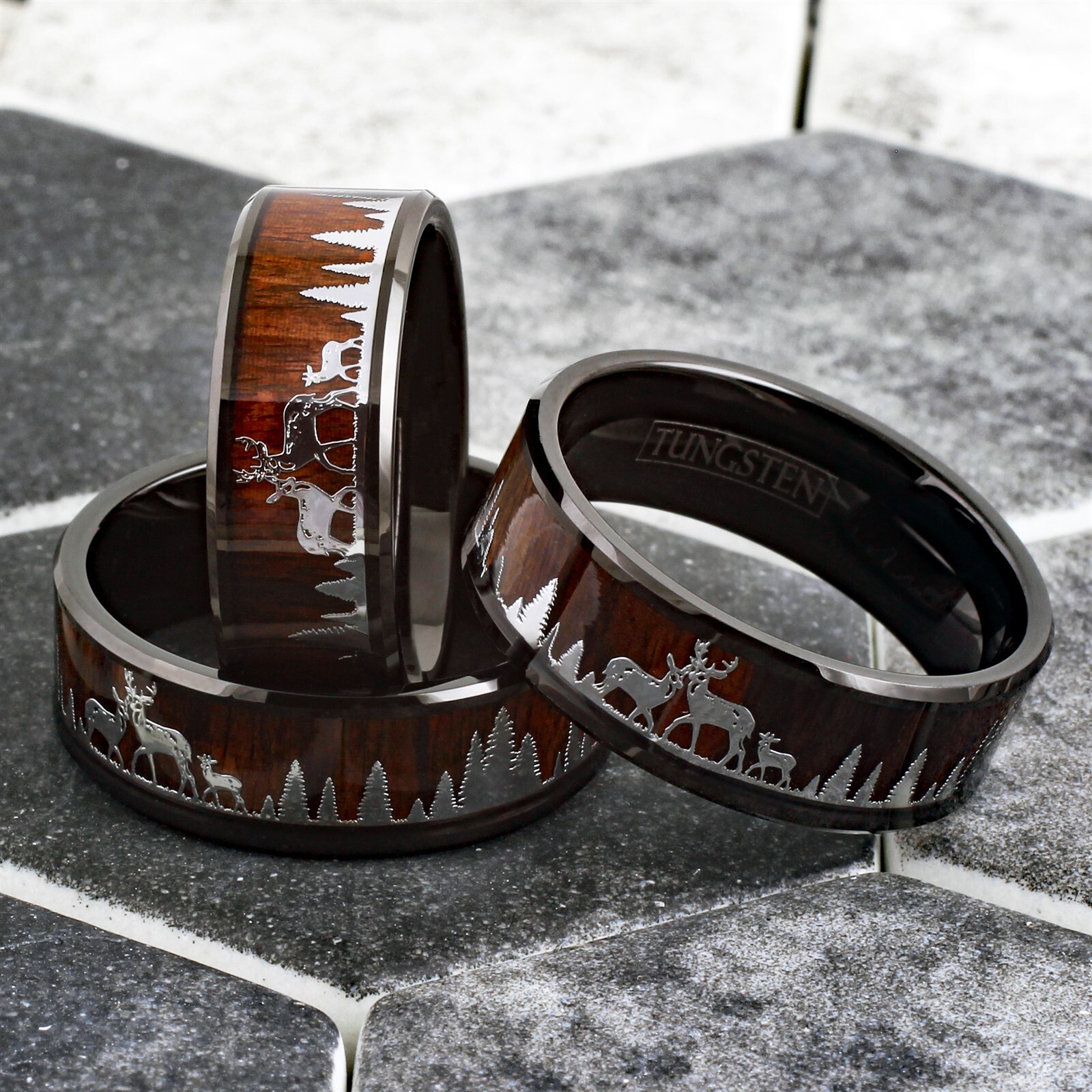 Black Tungsten Men's Ring Deer Family Forest Scenery Wood Wedding Band