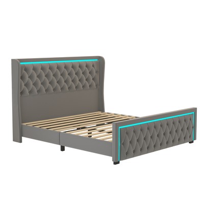 King Platform Bed Frame High Headboard, Velvet Upholstered, Deep Tufted Buttons