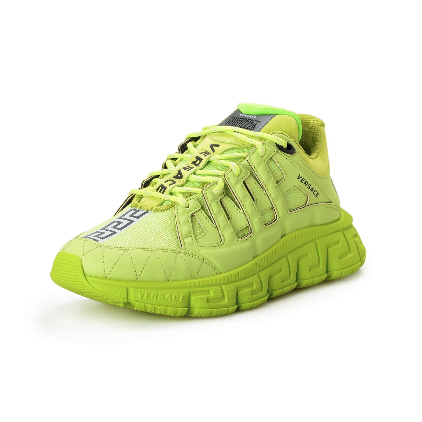 Pre-owned Versace Men's Trigreca Lime Green Leather Canvas Logo Sneakers Shoes