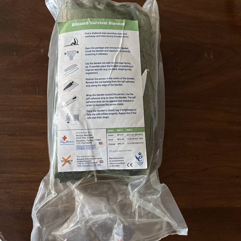 Blizzard Survival Blanket BPS-01-GREEN for Trauma Hypothermia Prevention NEW