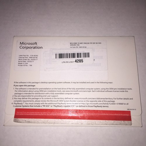 Microsoft Windows WIN HOME 10 64BIT ENGLISH 1PK DSP OEI DVD VERSION 1703