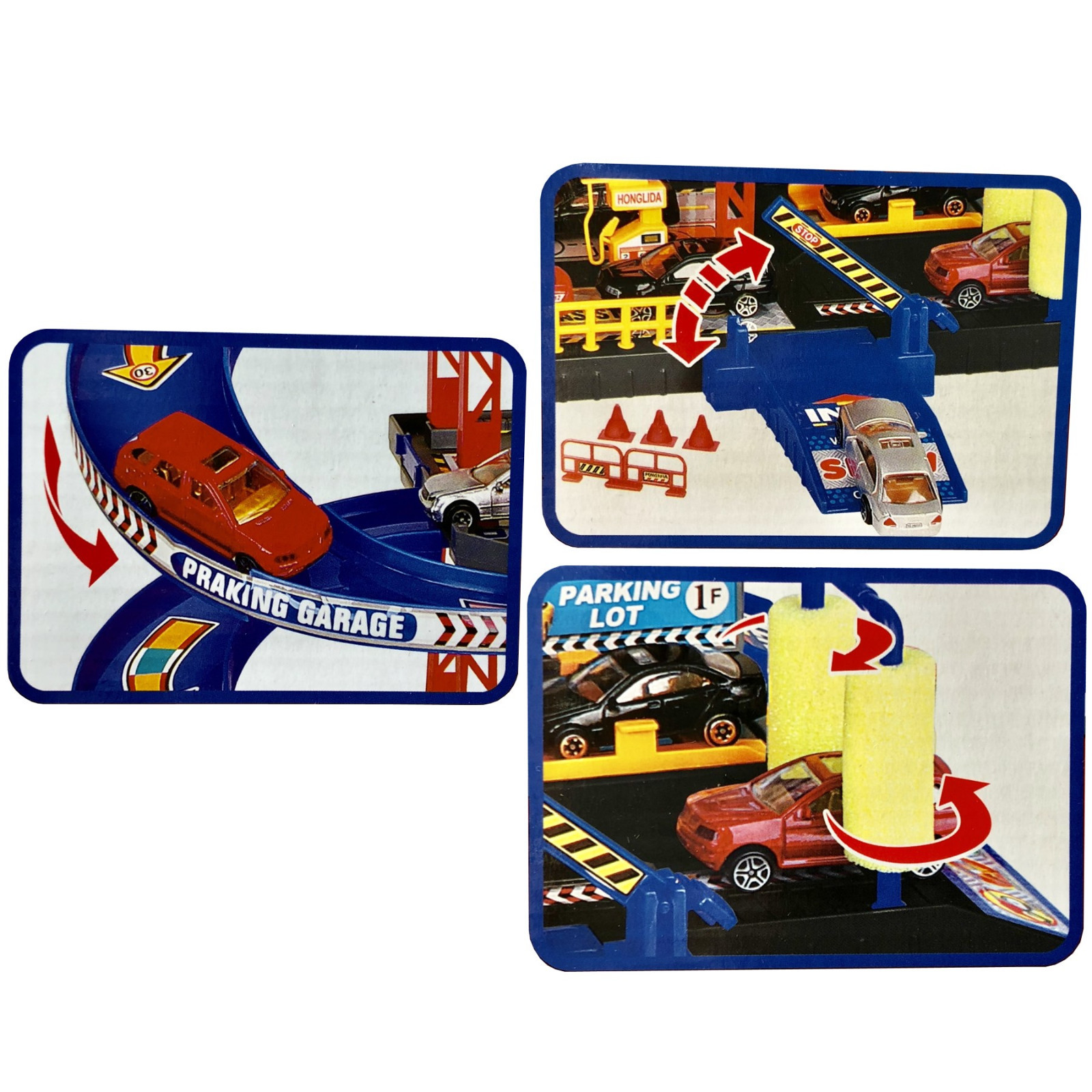 Parkgarage Parkhaus u.Spielteppich Spielstrasse Autogarage incl 6 Spielzeugautos
