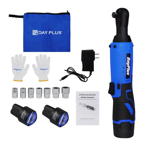 3/8'' Electric Cordless Ratchet 100Nm Right Angle Wrench w/ 2 Battery Socket Set