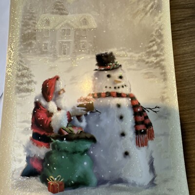 Vtg Christmas Card UNUSED Glitter Santa Claus Snowman Snow Gift 4x6 House W/env