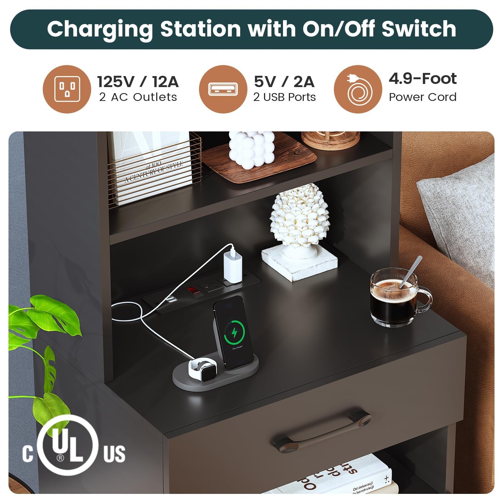 Tall Night Stand with LED Lights, Black Nightstand with 3 Drawers for Bedroom