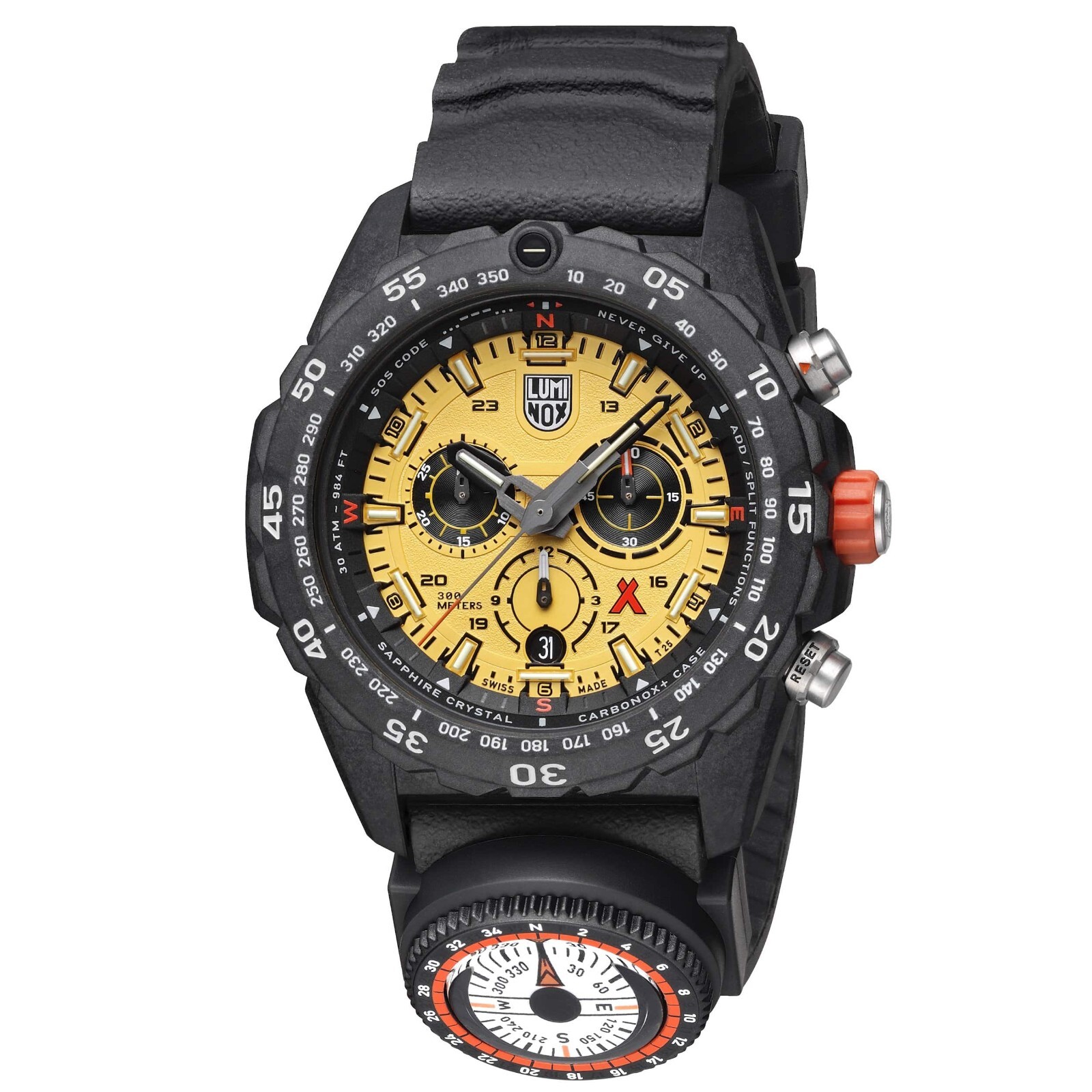 Pre-owned Luminox Mens 45mm Bear Grylls Survival Master Chrono Yellow Dial Compass Watch