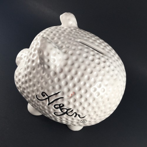 Vintage White Ceramic Golf Ball Piggy Bank with  "Greens Fees" and "Hogans" Logo