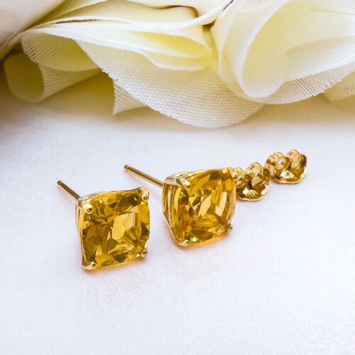 Solid 10k Yellow Gold Genuine Citrine 6mm Stud Earrings, New - Picture 2 of 7