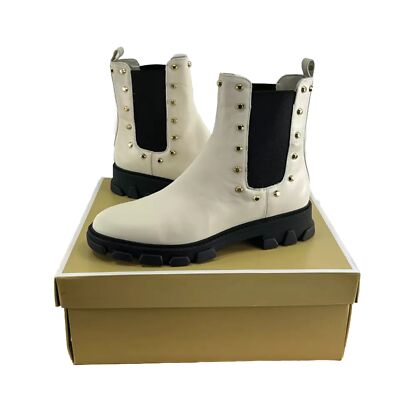 Michael Kors Ridley Studded Leather Gore Lug Sole Booties- Off White- Size 8M