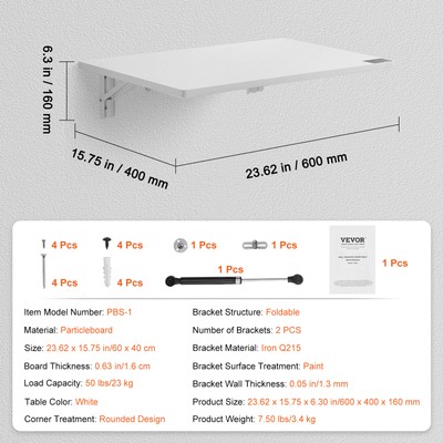 VEVOR Wall Mounted Floating Folding Table Laptop Desk Home Office 23.62x15.75 in