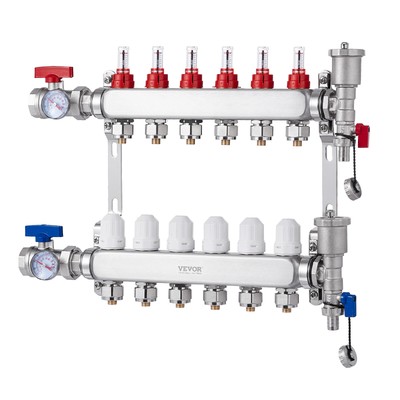 VEVOR 6-Branch Radiant Heat Manifold 1/2" PEX Tubing Floor Heating Manifold Set