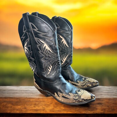 Code West Boots Sz 6M Black Snake Skin Trim Leather Cowboy Western 