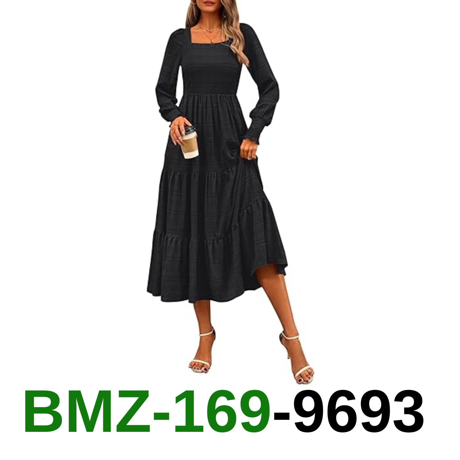 CFLONGE Women's Fall Dresses 2024 Puff Long Sleeve Square Neck Dress High, S