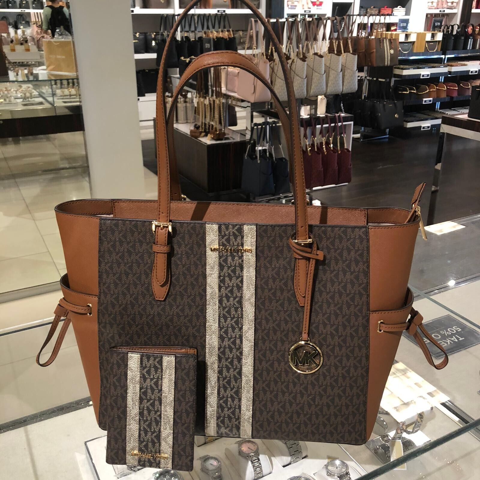 Michael Kors Gilly Large Top Zip Shoulder Tote Brown MK Signature 