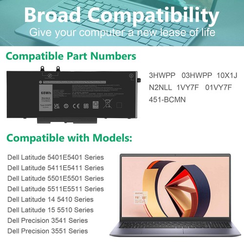 68Wh 15.2V Laptop Battery for Dell Latitude 5501 5401 5511 5510 5411 5410 3HWPP