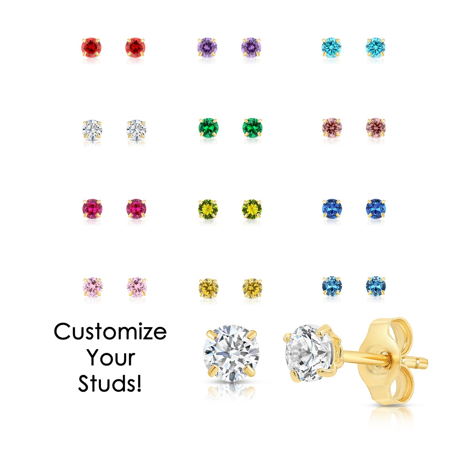 14K Solid Yellow Gold Birthstone Round CZ Sleeper Stud Earrings Pushback 3mm 4mm