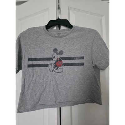 Disney Graphic Tee Womens Small Gray Excellent Mickey Mouse Cropped Raw Hem