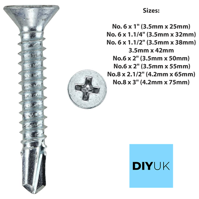 Self-Drilling Countersunk Screws Zinc Plated BZP Wood Metal PVC