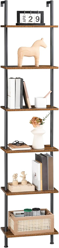 DIY Ladder Shelf, 6-Tier Wooden Wall Mounted Bookshelf, Narrow Bookcase, Display