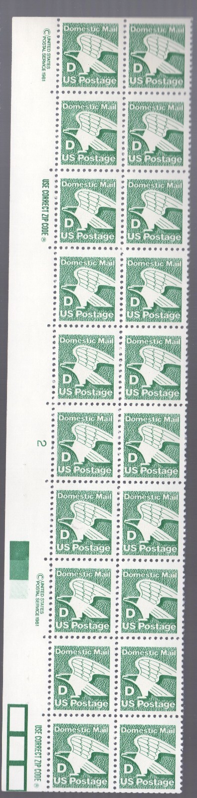 コレクション One Penny Stamps Scott #2111 Eagle D Series Plate Block of 20 Stamps - MNH P
