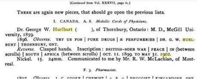 Token Medal 1899 1902 BOER WAR AFRICA DR. HURLBURT DRUGS PERFUME ONTARIO, CANADA