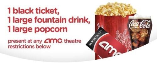 AMC Theaters 1 Black Tickets 1 Large 1Popcorn 1Drinks Voucher 15 MIN DELIVERY⚡