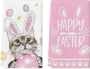  Rabbit Ears Cat Eggs Happy Easter Kitchen Towels Dish Towels, 18x26 Inch Pink