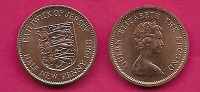 JERSEY 1/2 NEW PENNY 1980 UNC SHIELD ABOVE WRITTEN VALUE & DATE,YOUNG BUST RIGHT