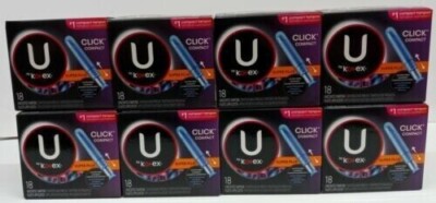 8 boxes U by Kotex Super Plus Click Compact Unscented Tampons 18 Each Total 144
