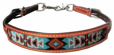 Western Horse Teal Navajo Beaded Leather Wither Strap holds up the Breast Collar