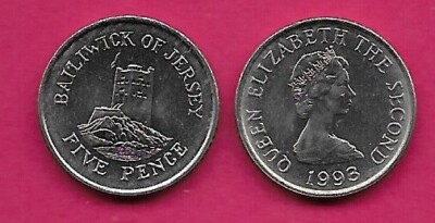 JERSEY 5 PENCE 1993 UNC SHIELD ABOVE WRITTEN VALUE,YOUNG BUST RIGHT,QUEEN ELIZAB