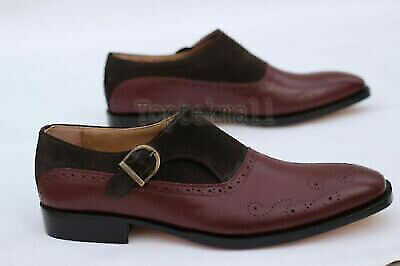 Pre-owned Handmade Men's Leather Burgundy & Brown Oxford Brogue Single Monk Shoes-38 In Red