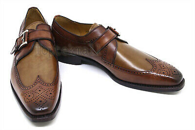 Pre-owned Handmade Men's Leather Two Tone Wing Tip Brogue Toe Monk Straps Shoes-838 In Brown