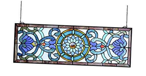Extra Large Horizontal 35 Inch Blue Victorian Stained Glass Window Panels 