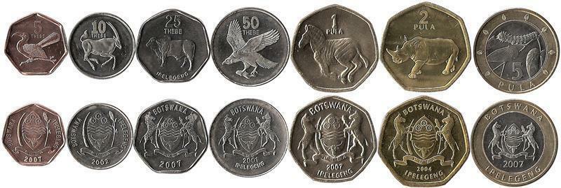 Botswana 5, 10, 25, 50 Thebe 1, 2, 5 Pula