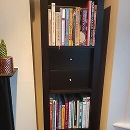 Tall Slim Ikea Black Brown Book Shelf With 4 Shelves And 2 Drawers 40