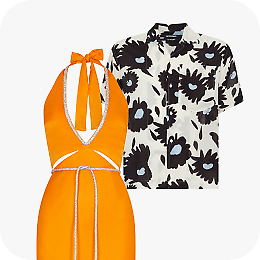 一件橙色的连衣裙和一件黑白相间的纽扣衬衫，链接到七折的节日时尚活动
