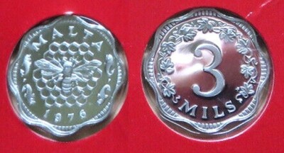 1976 Malta Proof Scalloped 3 Mils, Bee and honeycomb