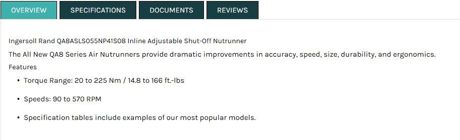 Ingersoll Rand QA8 Series Inline Adjustable Shut-Off Nutrunner QA8ASLSO55NP41SO8