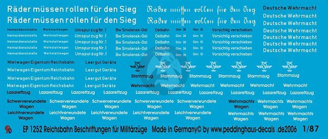 Peddinghaus 1/87 (HO) Various Reichsbahn DRB Military Train Markings WWII 1252