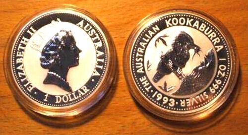 1993 Silver Kookaburra - Uncirculated 1 Oz. .999 Pure Silver Coin - With Capsule