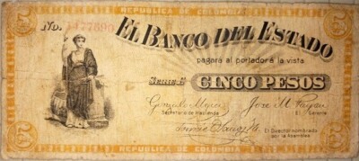 COLOMBIA  EL BANCO DEL ESTADO 5 PESOS 1900 PS506 CO-538-2 7 DIGITS BANKNOTE $ 45