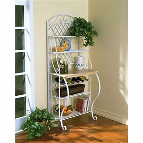 WHITE METAL BAKERS RACK WITH 5 SHELVES ORNATE DETAILS AND FUNCTIONALITY