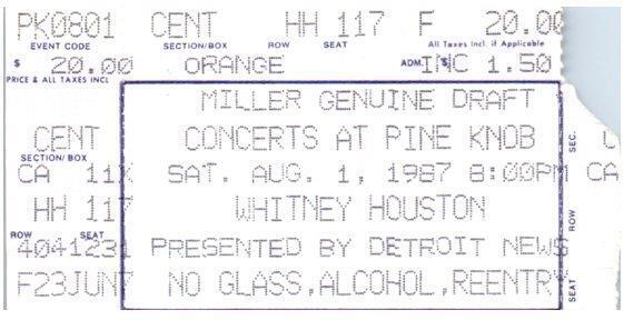 Whitney Houston Ticket Stub August 1 1987 Pine Knob Michigan