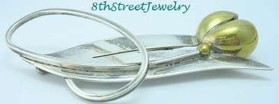 Estate Mixed Metals Sterling Silver 925 Modernist Tulip Flower Pin Brooch Mexico