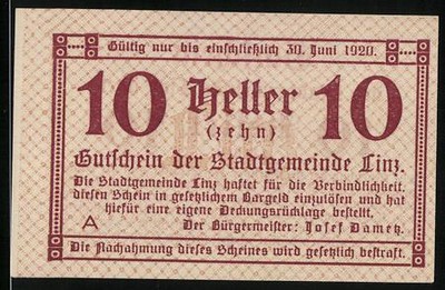 Notgeld Linz 1919, 10 Heller, Wappen der Stadt 