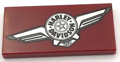 Lego New Dark Red Tile 2 x 4 w/ Silver Harley-Davidson Logo Pattern Left Part