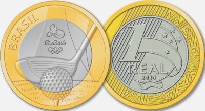 Brazil 1 real 2014 UNC Golf Rio Olympics 2016 Bi-Metallic bimetal