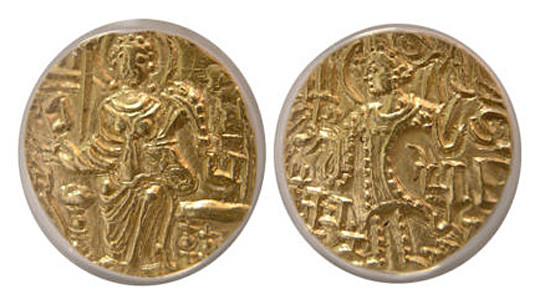India Kushan Empire (Indo-Greek) Gadahara (AD 360-375) Gold AV Dinar ANACS AU-55