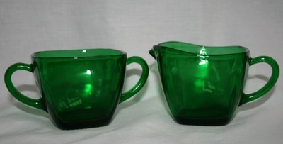 ANCHOR HOCKING Fire King Forest Green Charm Creamer & Sugar #M31
